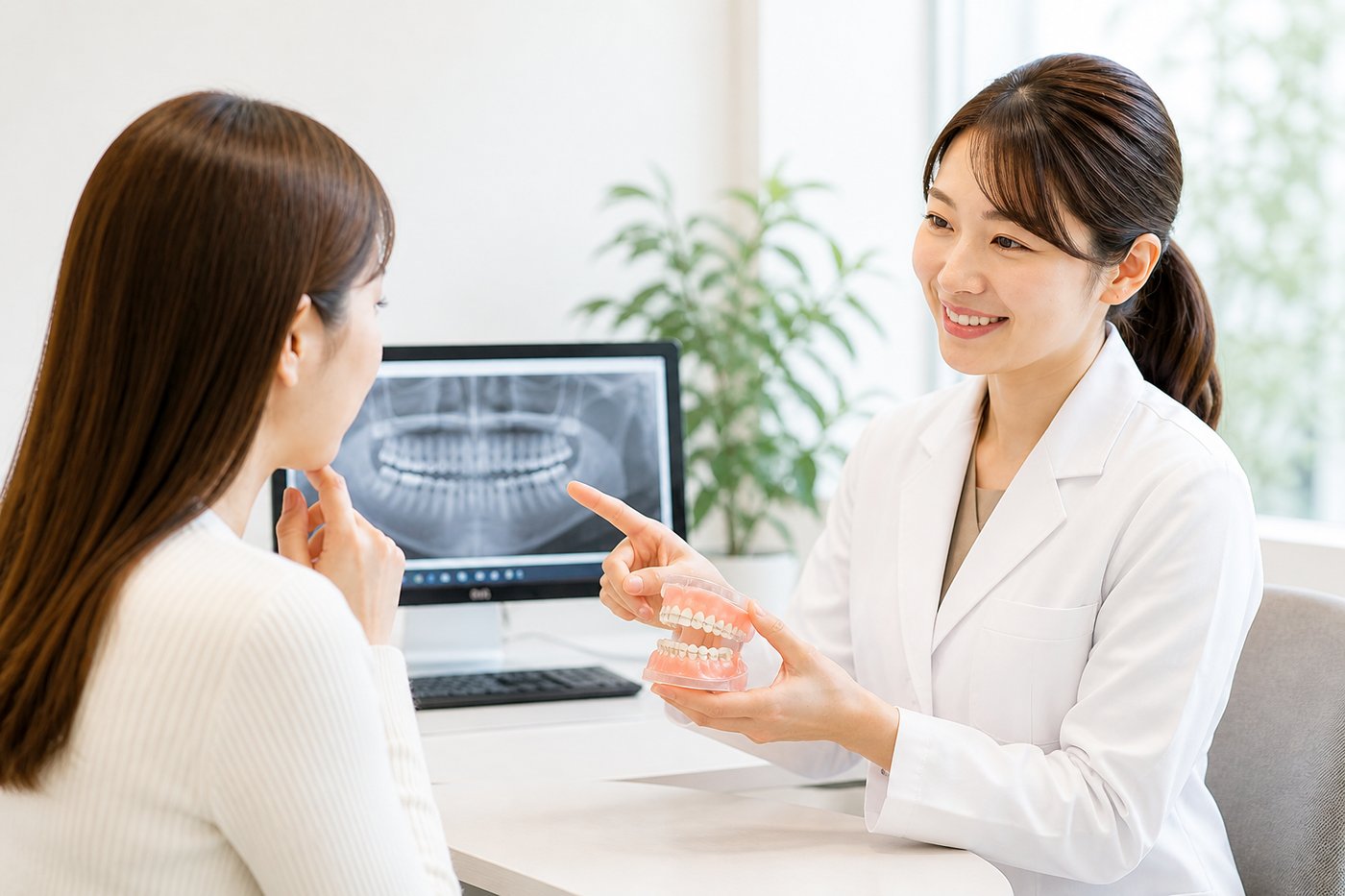 医療者が患者さんに丁寧に説明している清潔感のある医療現場の風景
