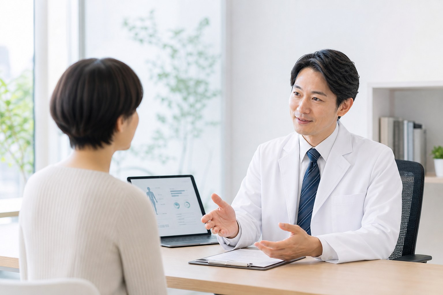 白衣の医師が患者さんに診療内容を説明している清潔な相談室の風景